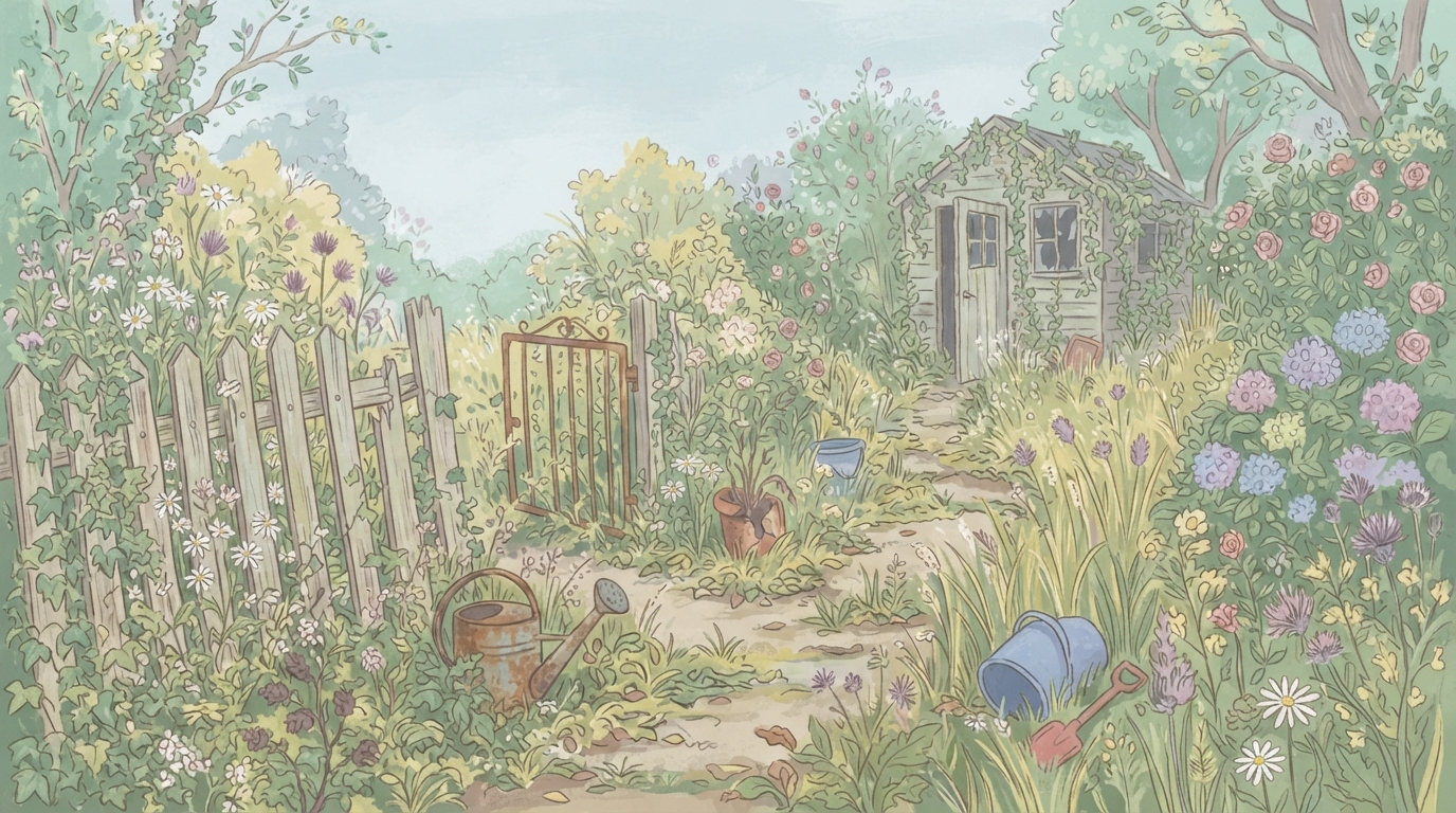 Un vieux jardin envahi par les herbes hautes, avec un arrosoir et des outils de jardinage abandonnés sur le chemin, une cabane couverte de lierre au fond